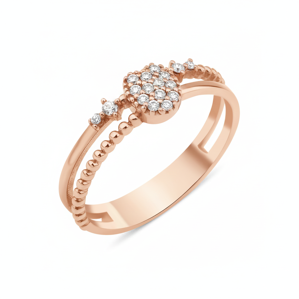 rose gold dual-band ring with a pave heart motif and accent stones on white background