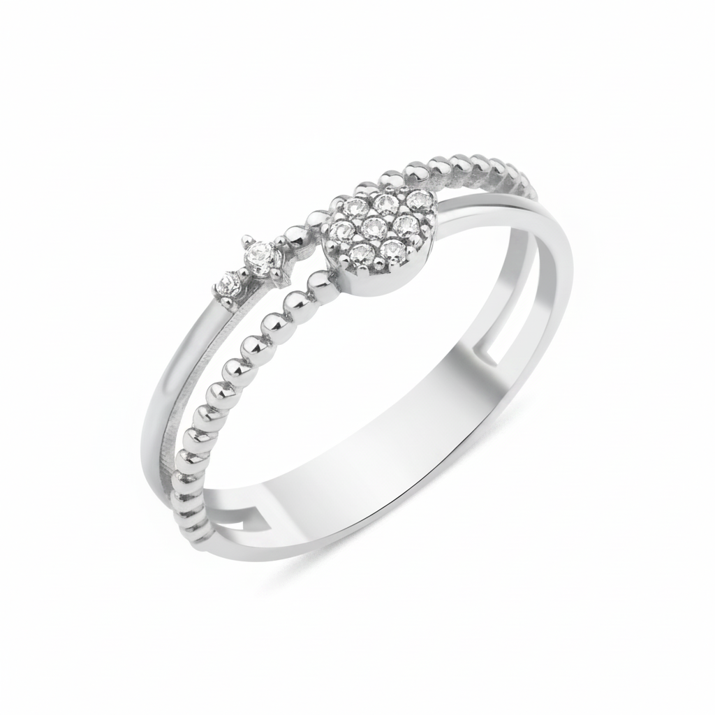 white gold dual-band ring with a pave heart motif and accent stones on white background