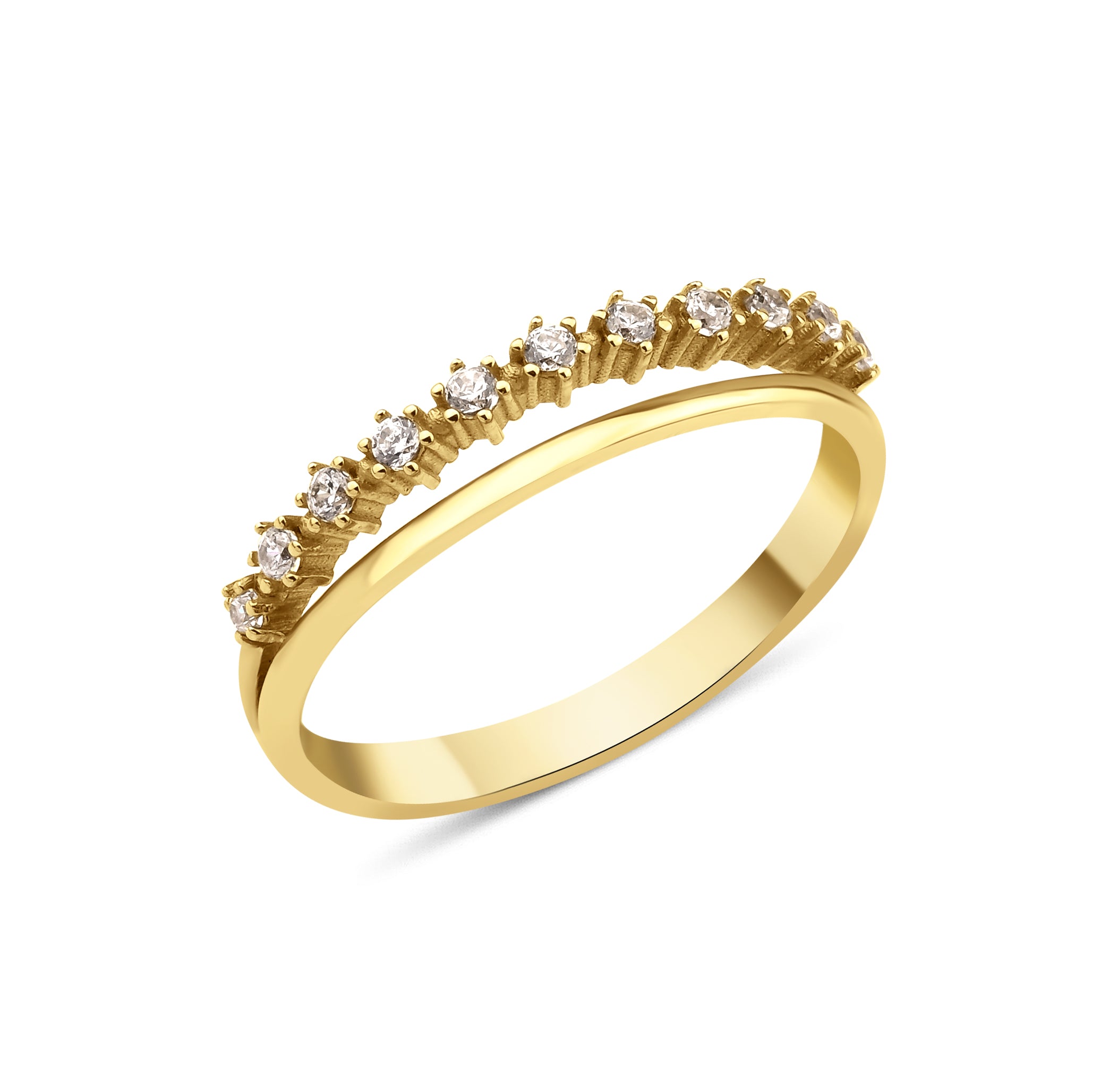 yellow gold ring with a smooth band and a parallel arc of prong-set clear stones on white background