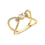 yellow gold open bow-shaped ring with pave loops and a marquise-cut stone cluster on white background