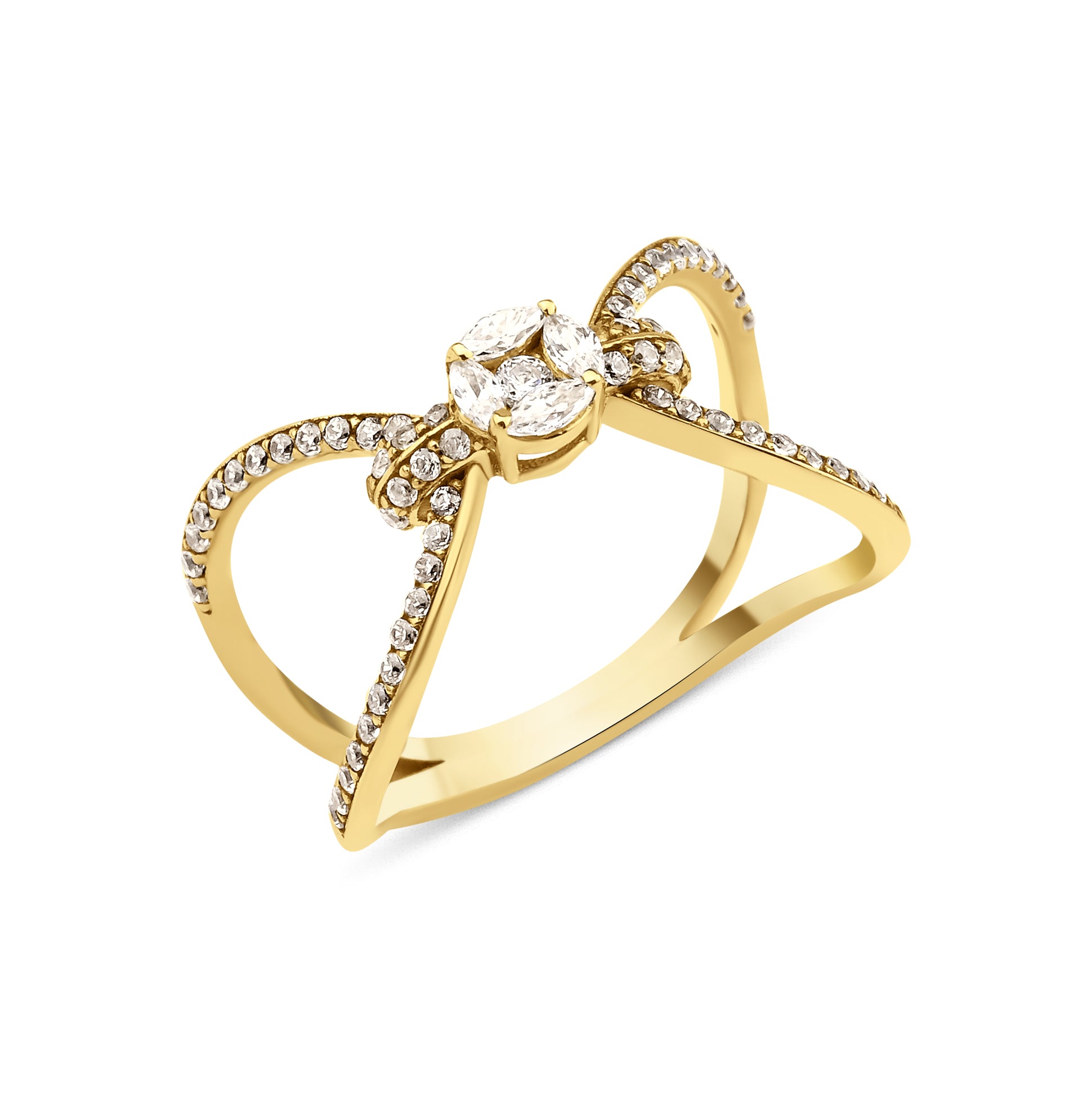 yellow gold open bow-shaped ring with pave loops and a marquise-cut stone cluster on white background