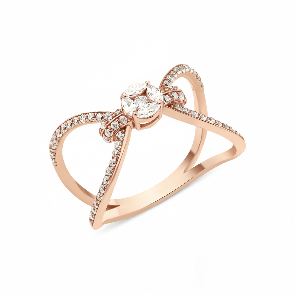 rose gold open bow-shaped ring with pave loops and a marquise-cut stone cluster on white background