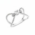 white gold open bow-shaped ring with pave loops and a marquise-cut stone cluster on white background
