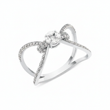 white gold open bow-shaped ring with pave loops and a marquise-cut stone cluster on white background