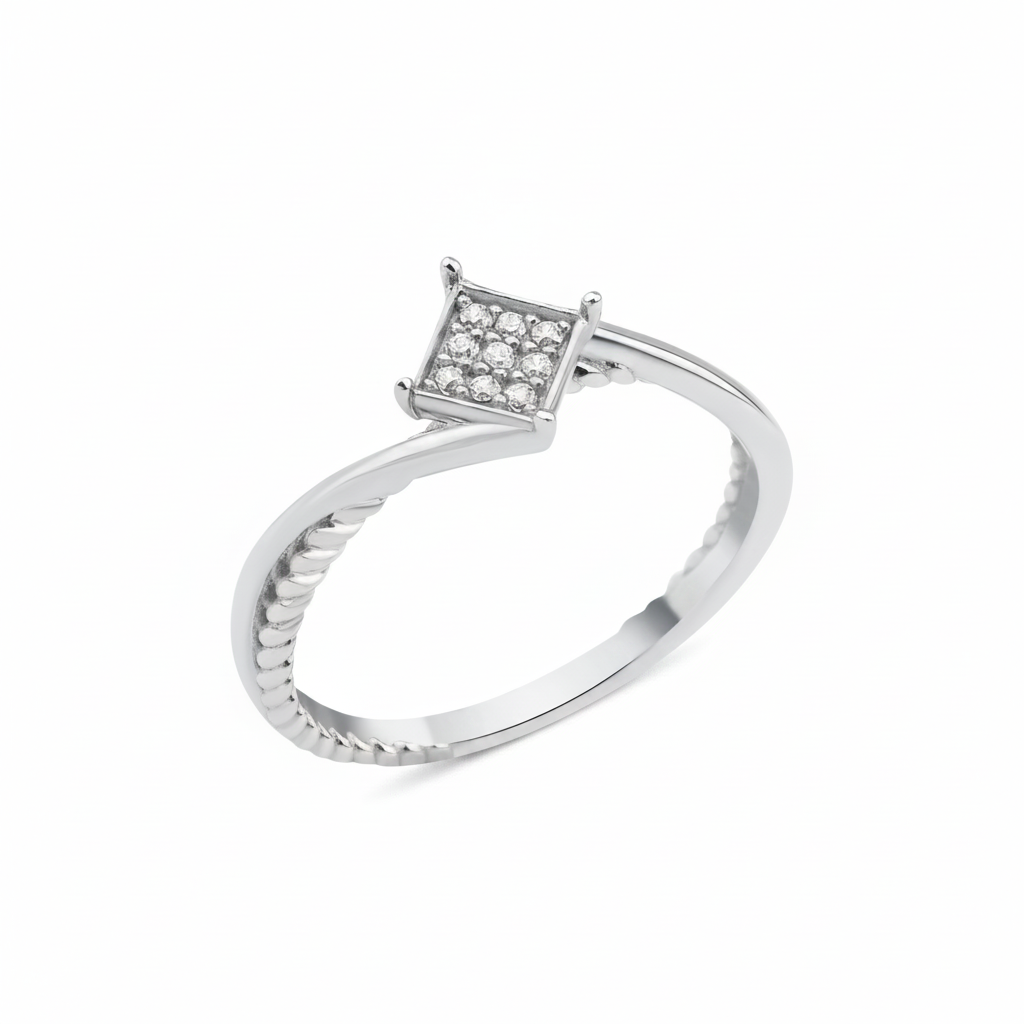 white gold ring with a square pave crest and a twisted rope band on white background