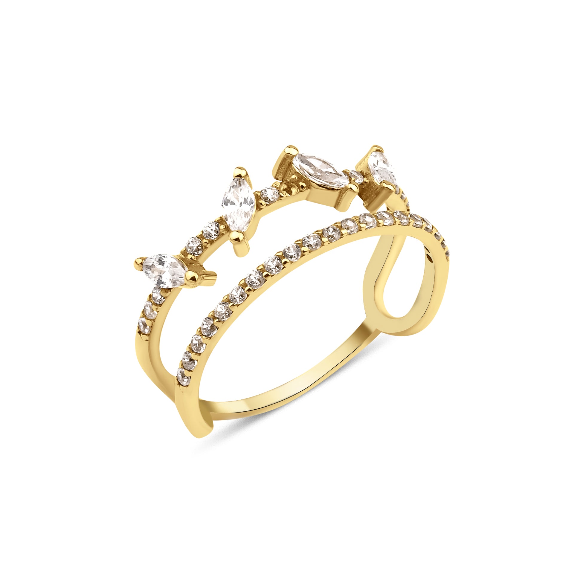yellow gold open double-band ring with pave stones and marquise-cut accents on white background