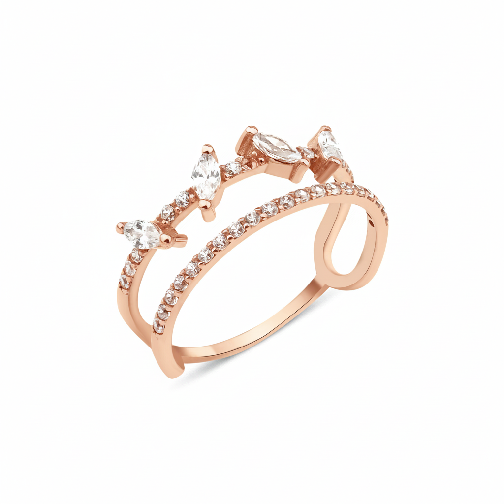 rose gold open double-band ring with pave stones and marquise-cut accents on white background