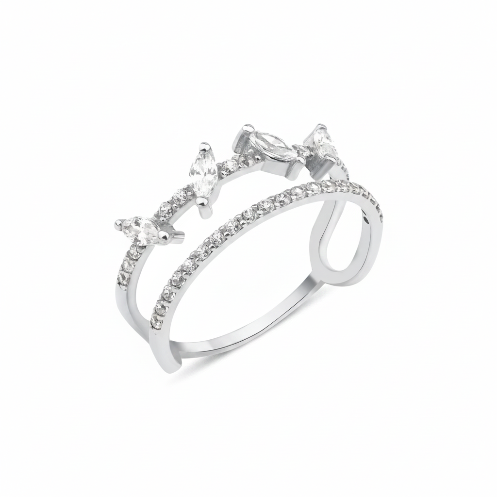 white gold open double-band ring with pave stones and marquise-cut accents on white background