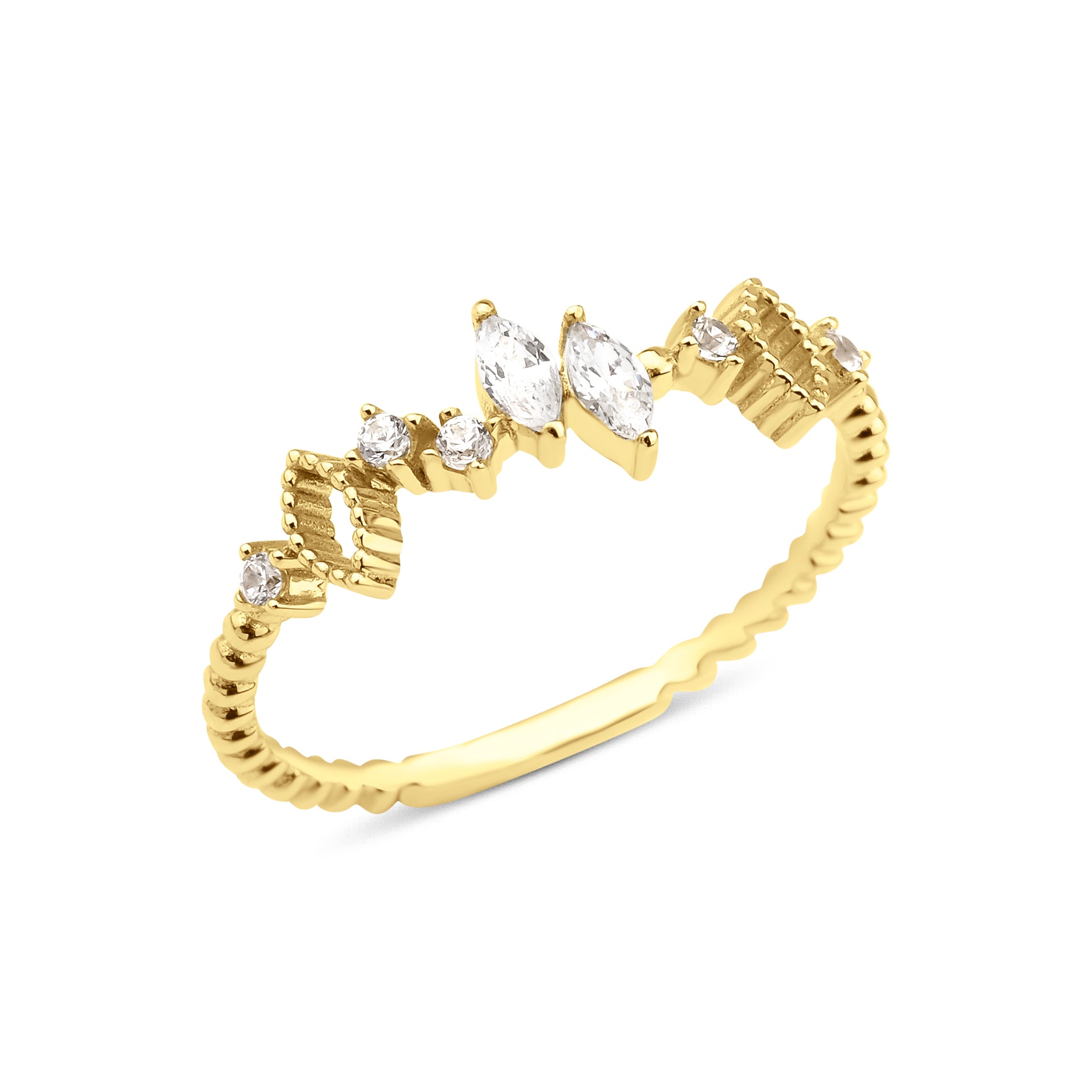yellow gold ring with marquise-cut and round stones on a textured geometric band on white background