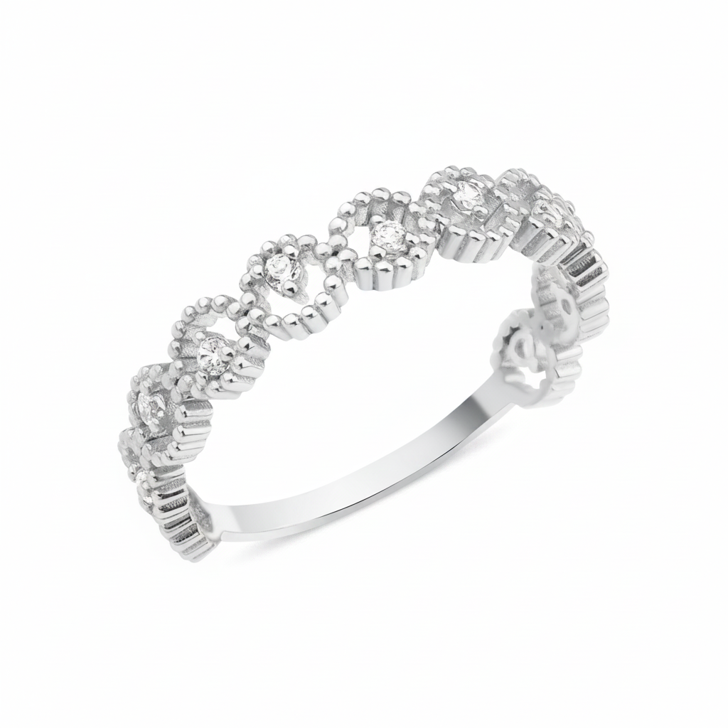 white gold ring with linked beaded crowns and White CZ stones on white background