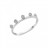 white gold ring with floral crests set with clear stones on a beaded band on white background