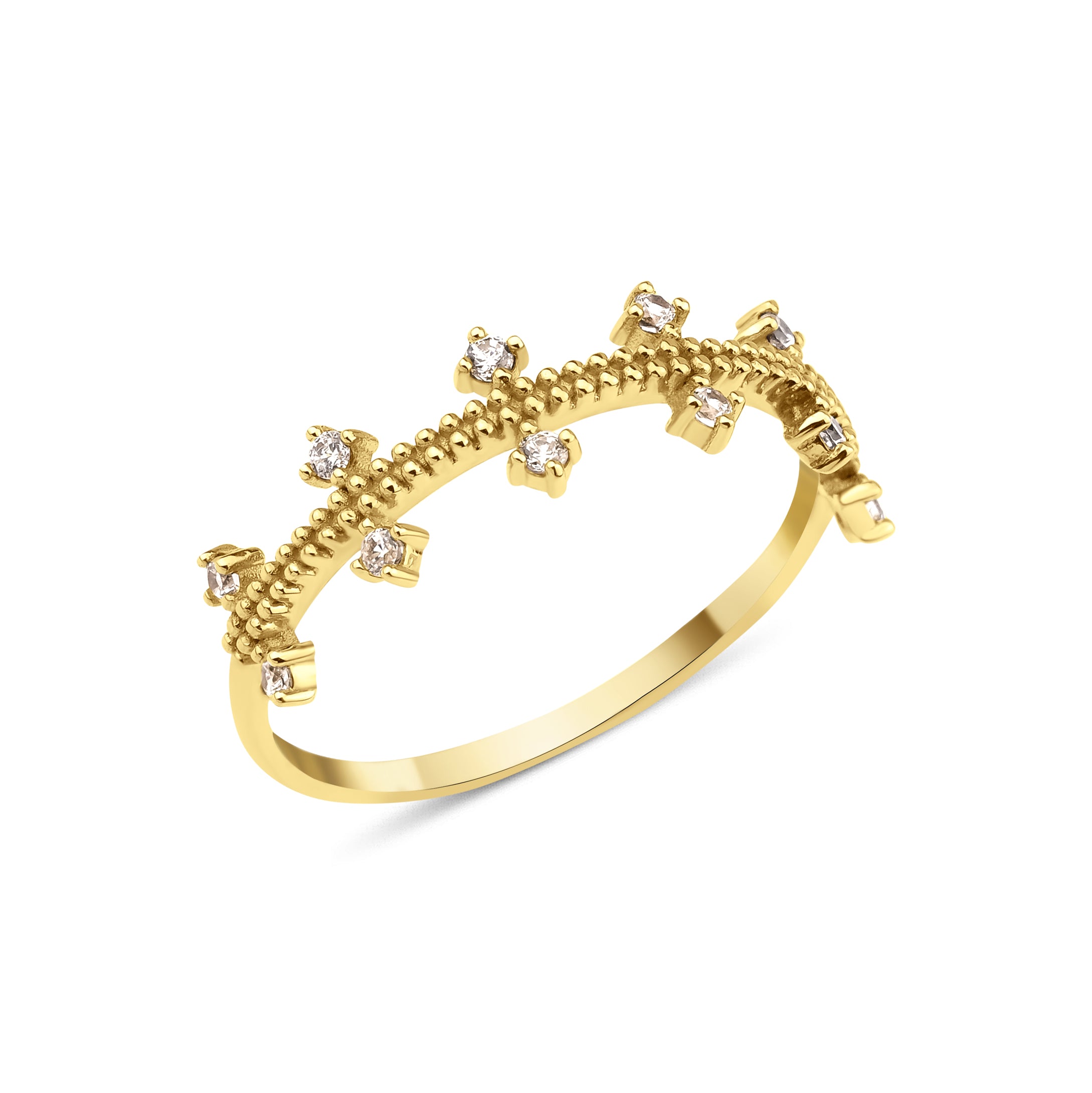 yellow gold ring with staggered clear prong-set stones on a beaded band on white background