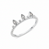 white gold ring with three teardrop crown crests set with clear stones on white background