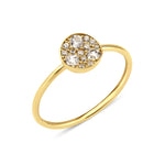 yellow gold ring with a circular disc set with clustered White CZ stones on white background
