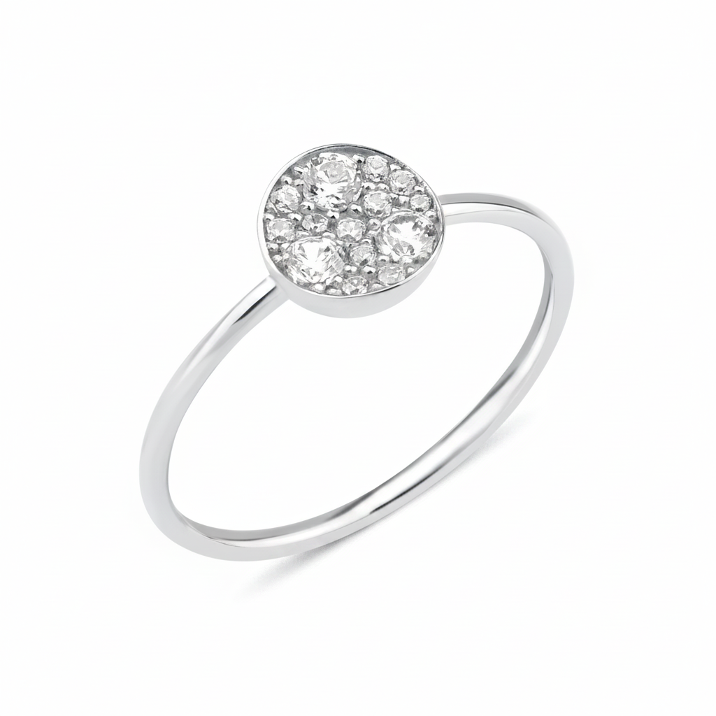 white gold ring with a circular disc set with clustered White CZ stones on white background