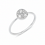 white gold ring with a circular disc set with clustered White CZ stones on white background