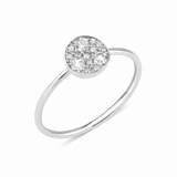 white gold ring with a circular disc set with clustered White CZ stones on white background