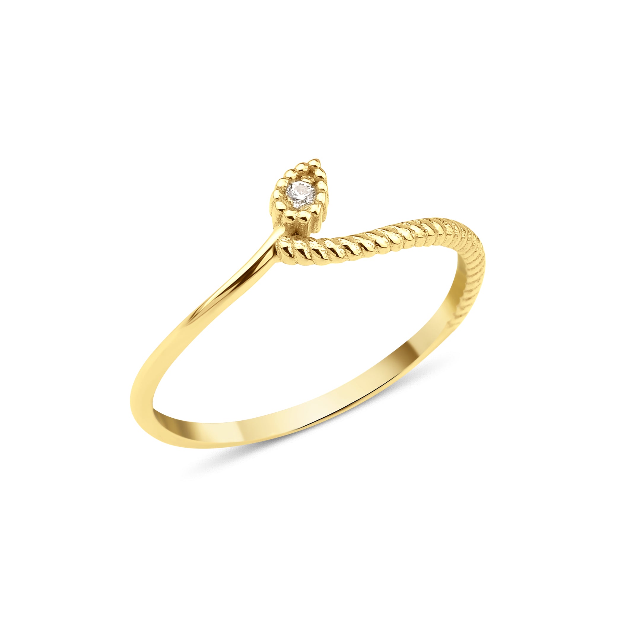 yellow gold bypass ring with a twisted rope profile and a beaded drop stone setting on white background