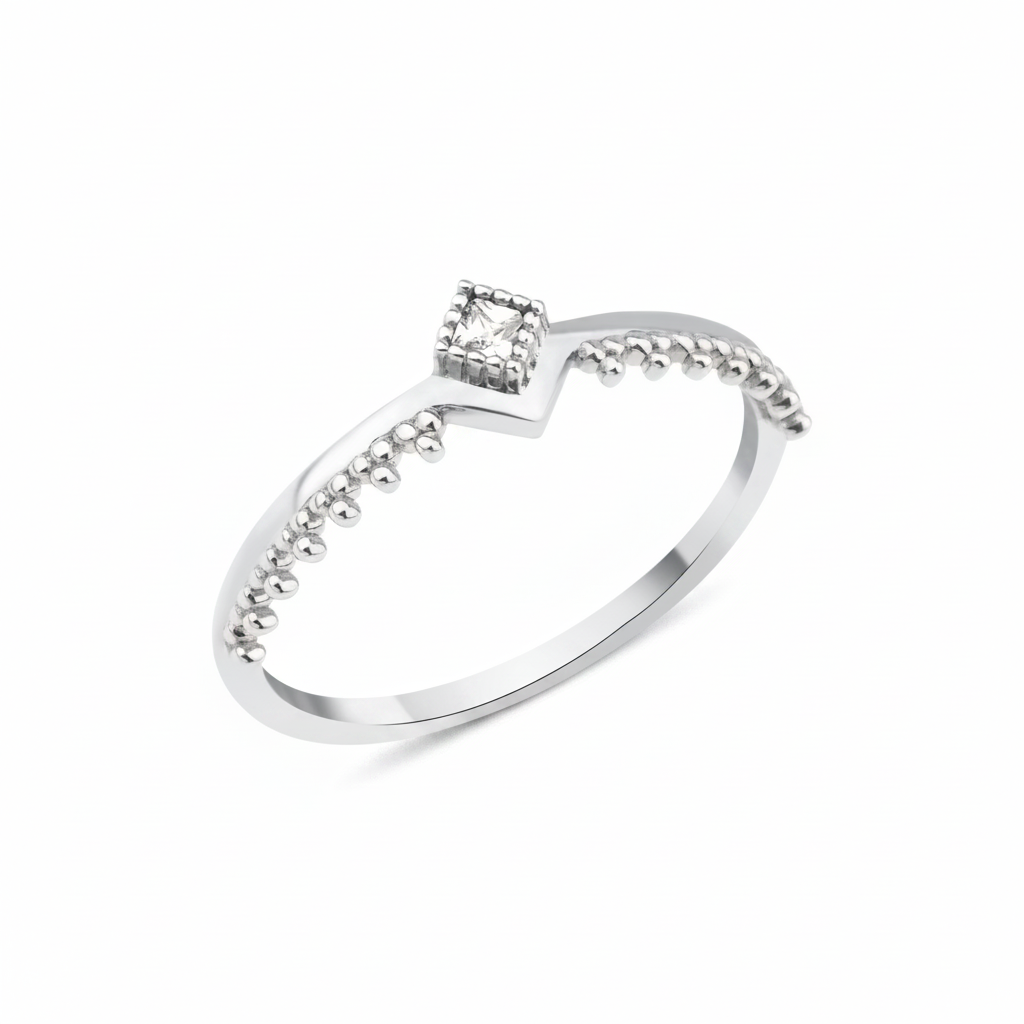 white gold beaded chevron ring on white background