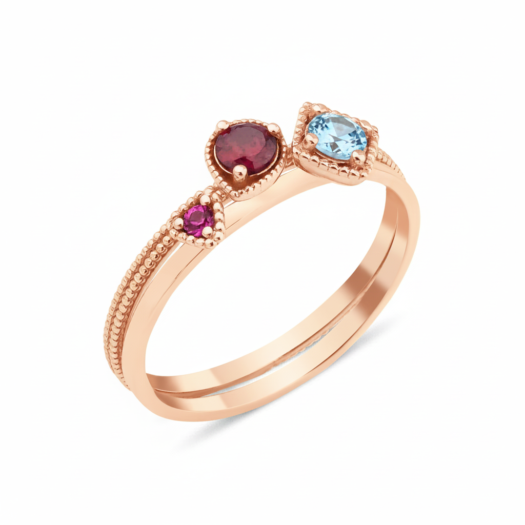 rose gold trio gem ring on white background
