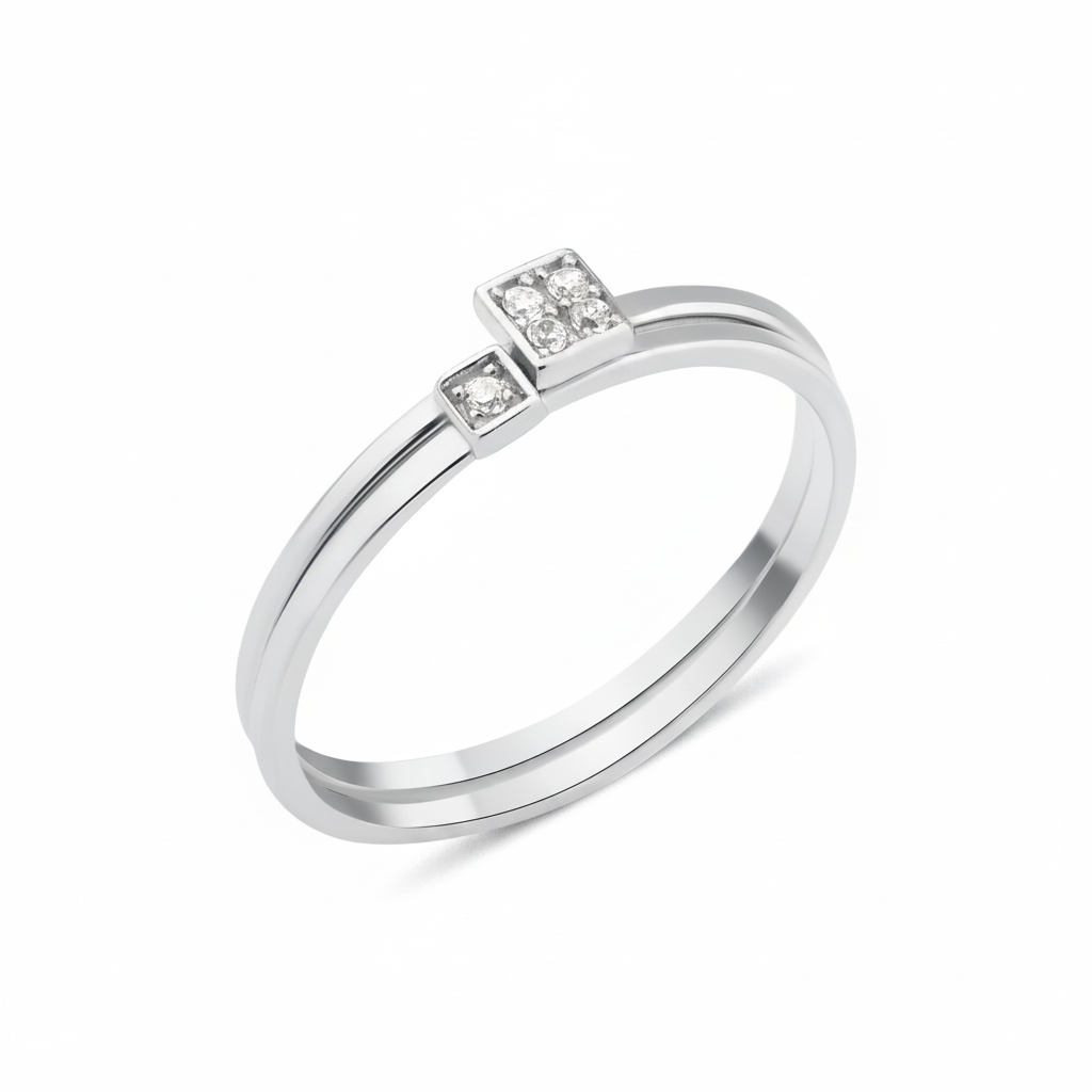 white gold offset square ring on white background