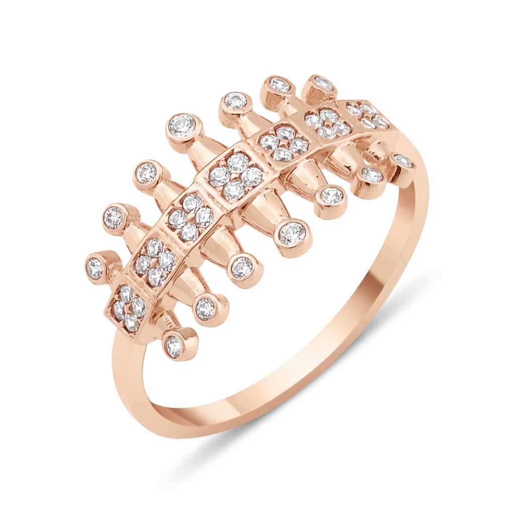 rose gold crest pillar ring on white background