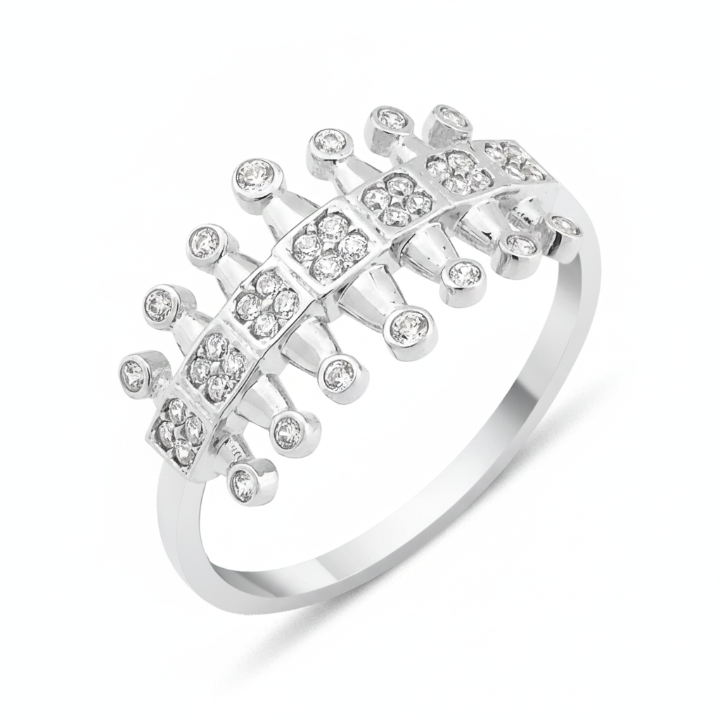 white gold crest pillar ring on white background
