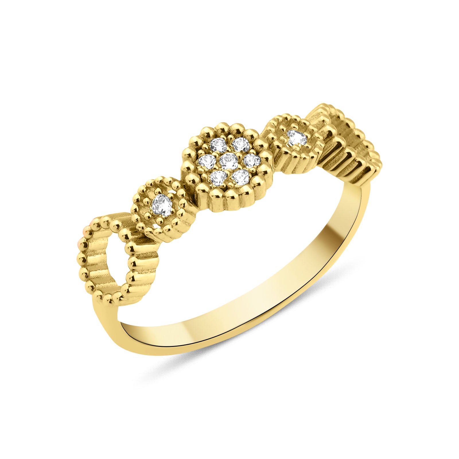 yellow gold floral cluster ring on white background