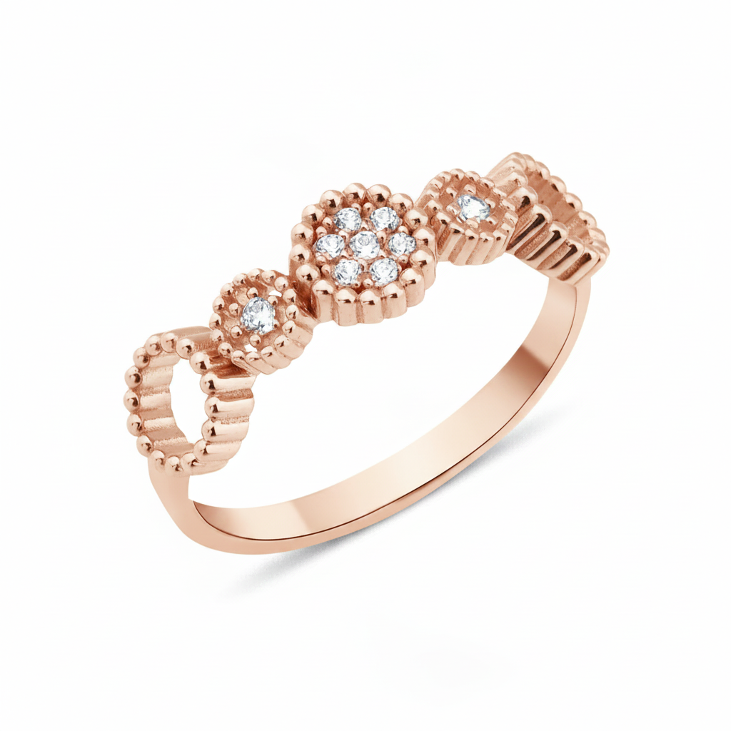 rose gold floral cluster ring on white background