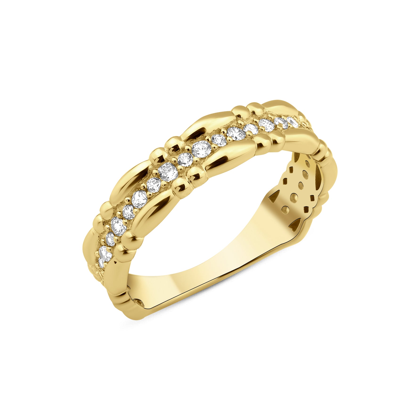 yellow gold wave band ring on white background