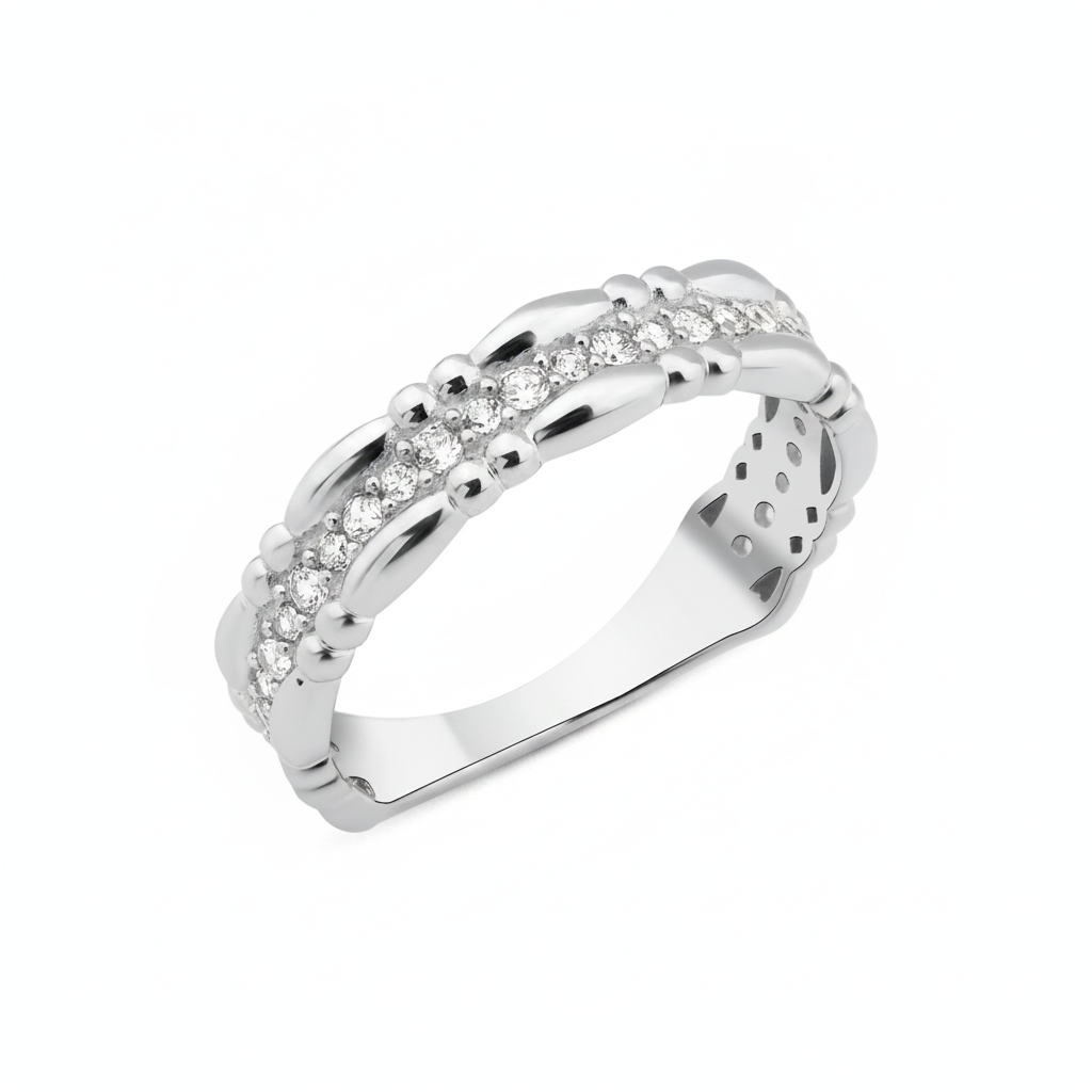 white gold wave band ring on white background