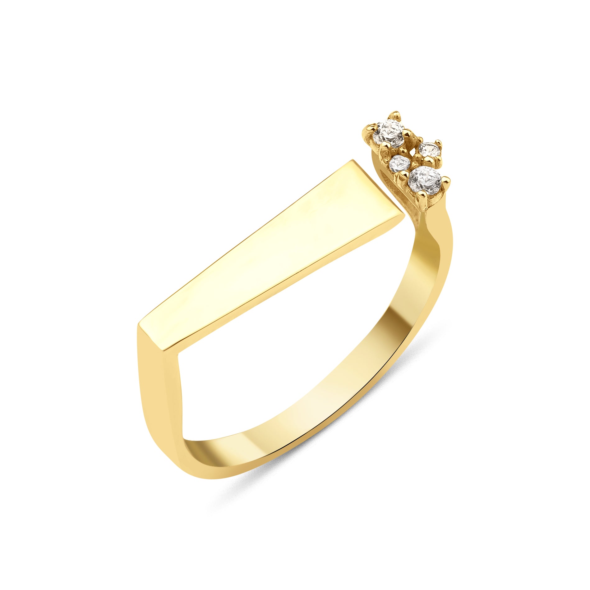 yellow gold asymmetric spark ring on white background