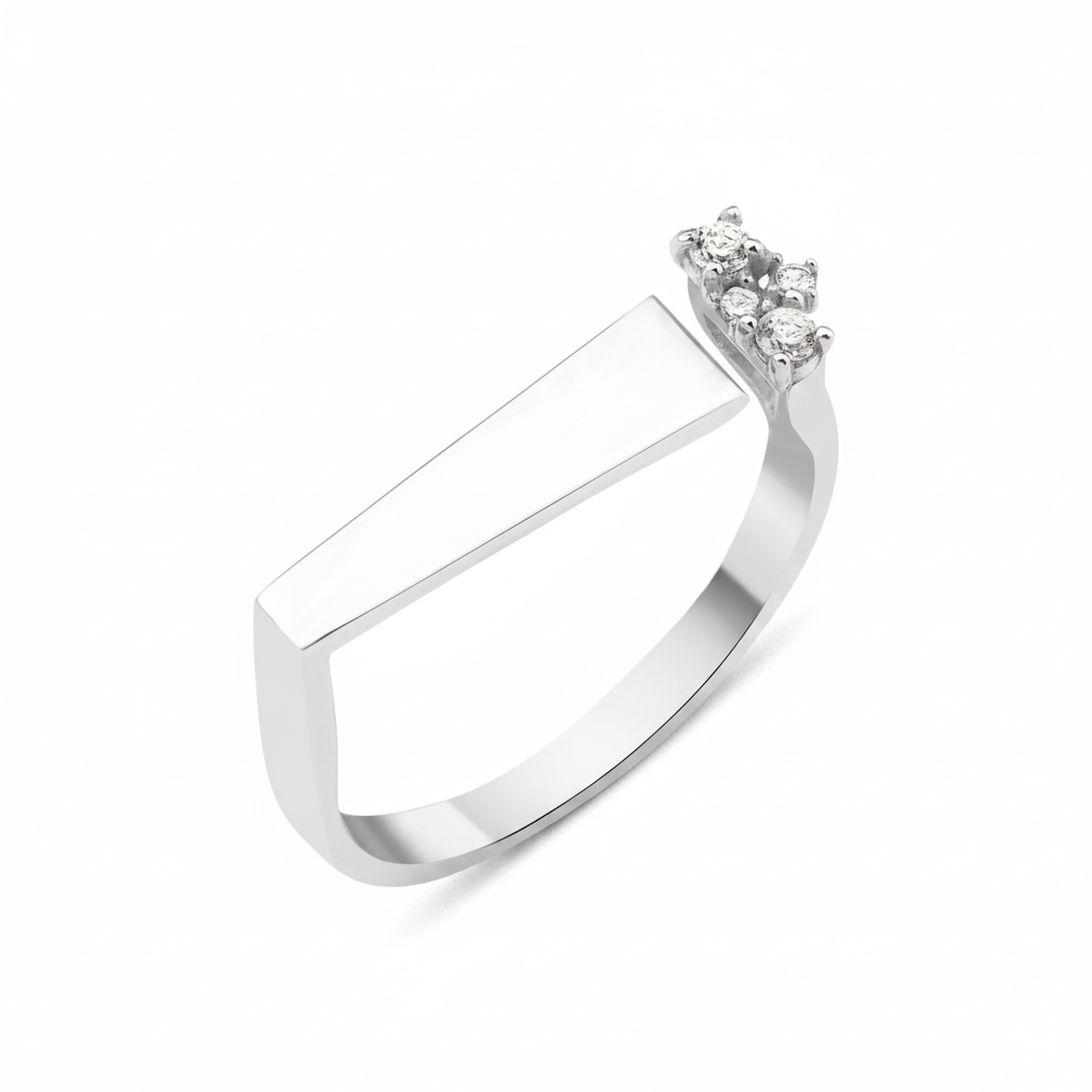 white gold asymmetric spark ring on white background
