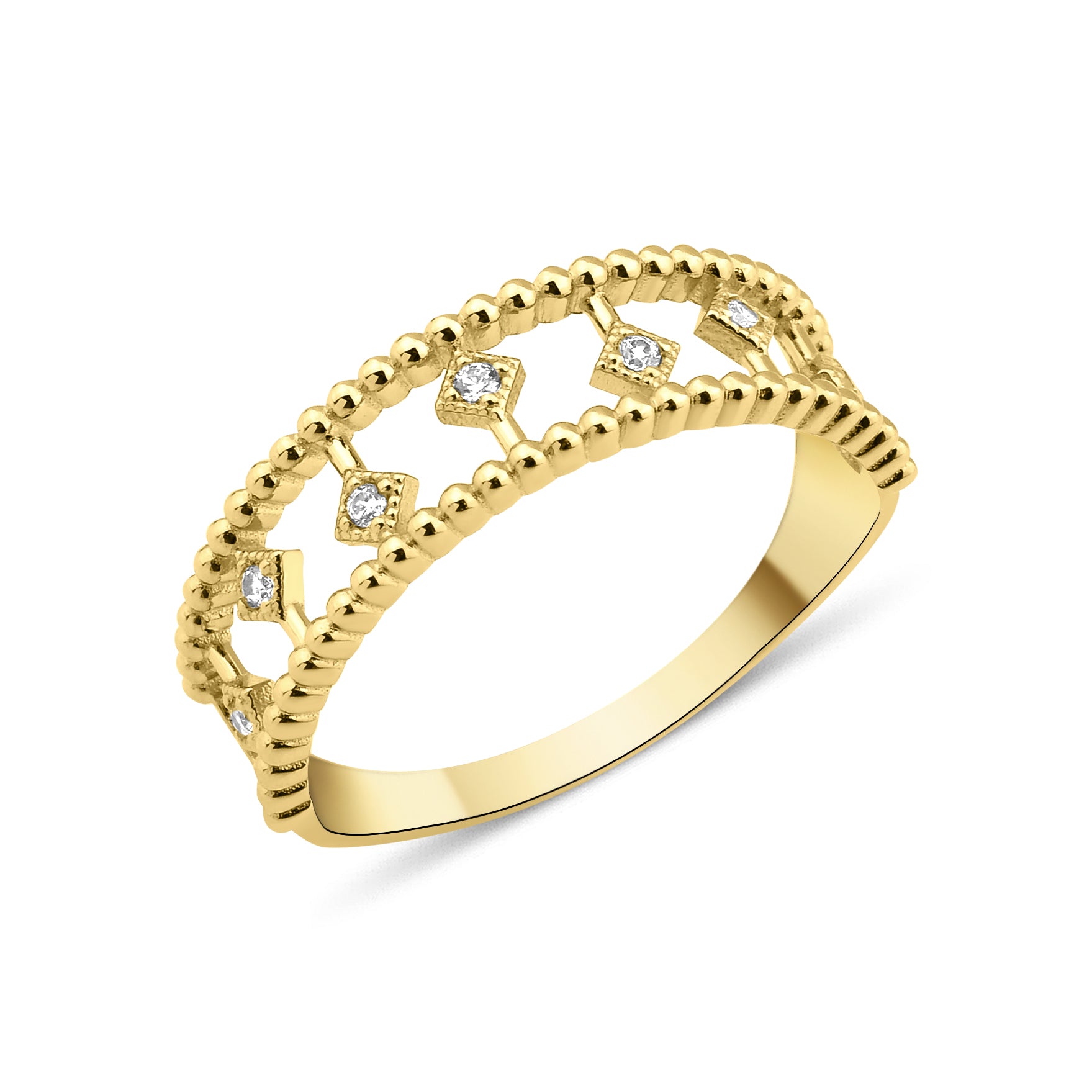 yellow gold beaded lattice ring on white background