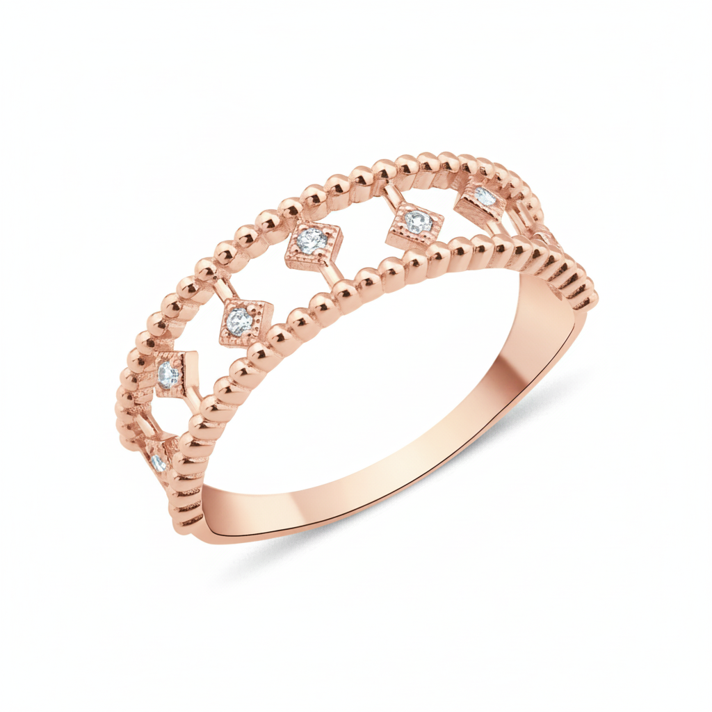 rose gold beaded lattice ring on white background