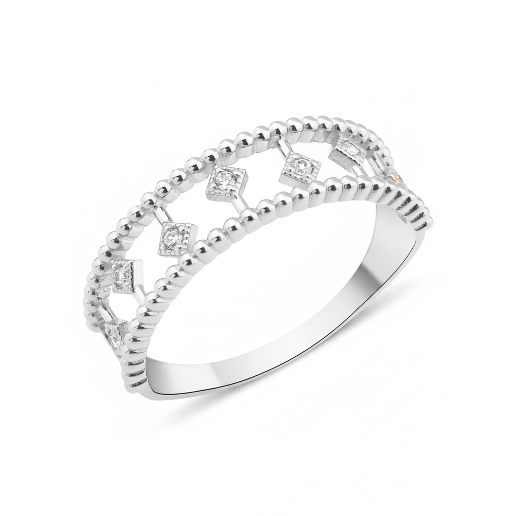 white gold beaded lattice ring on white background