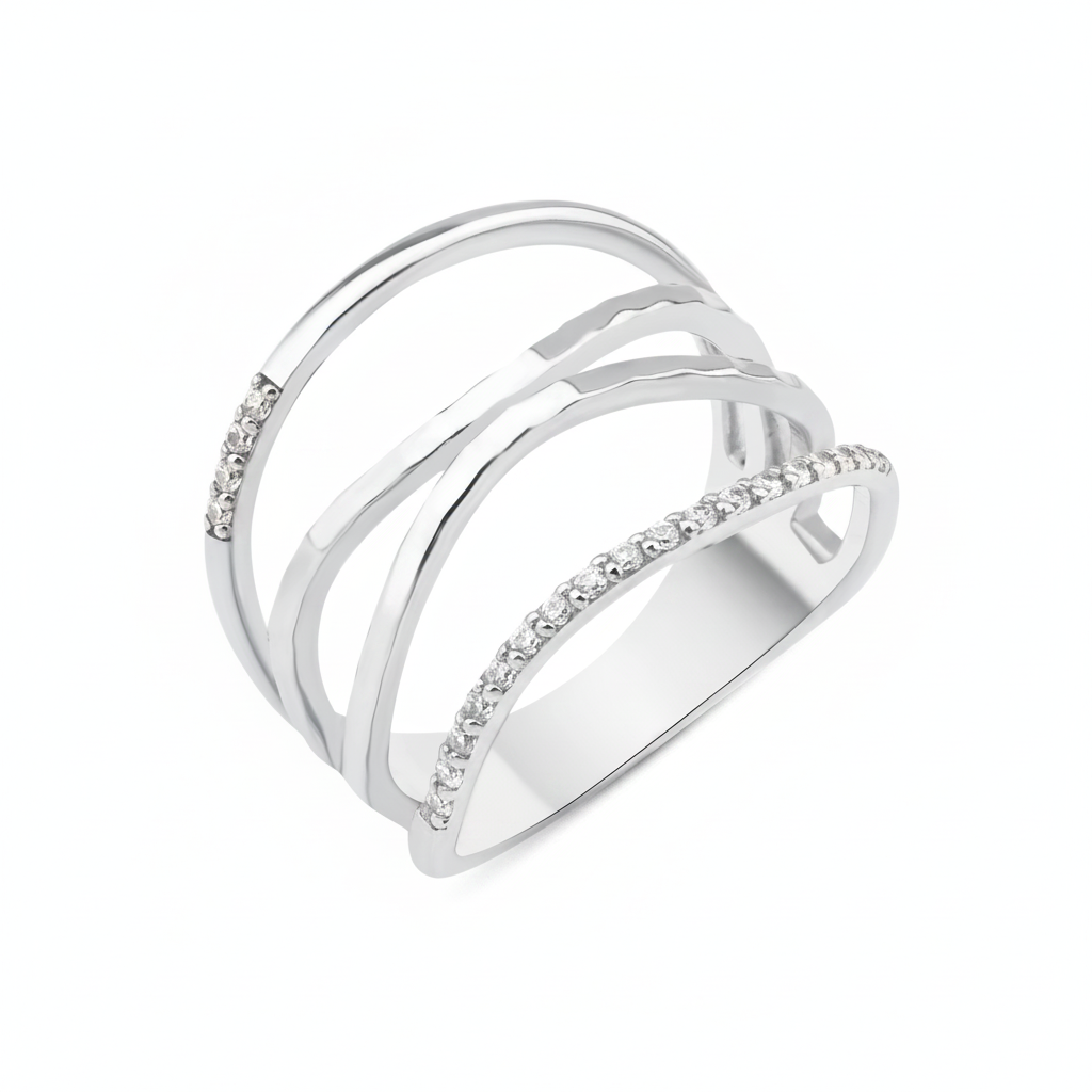 white gold layered arc ring on white background