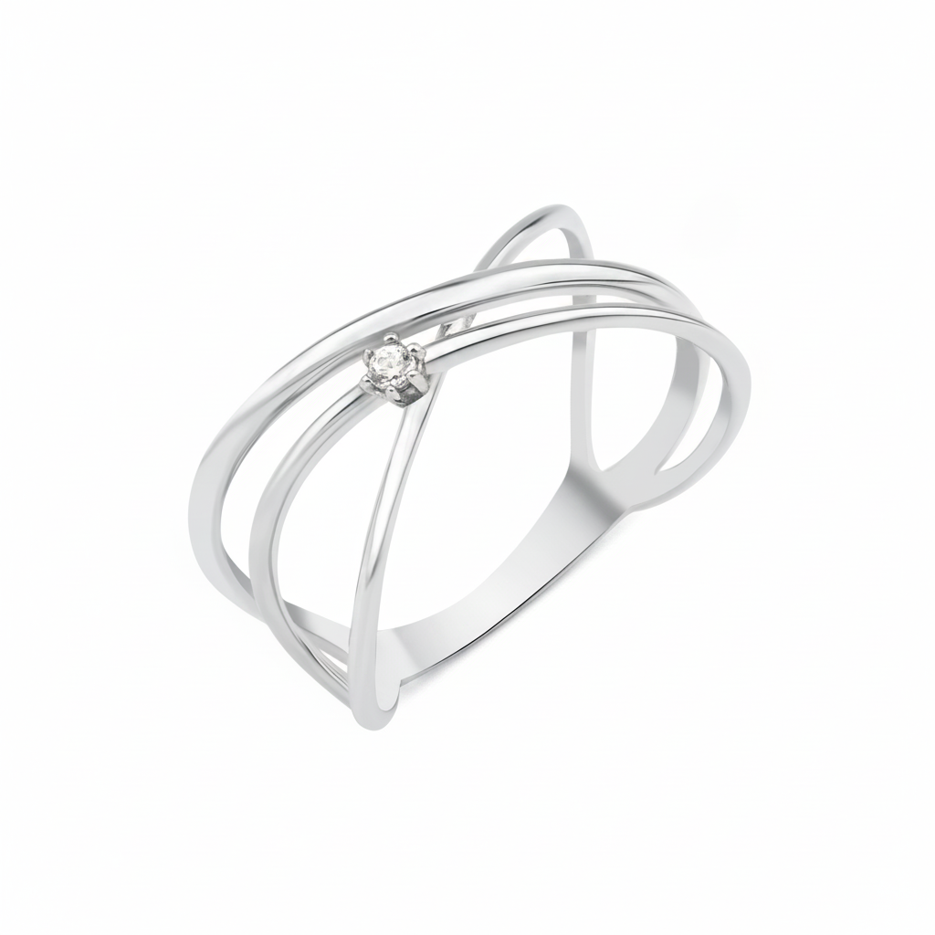 white gold crossing paths ring on white background