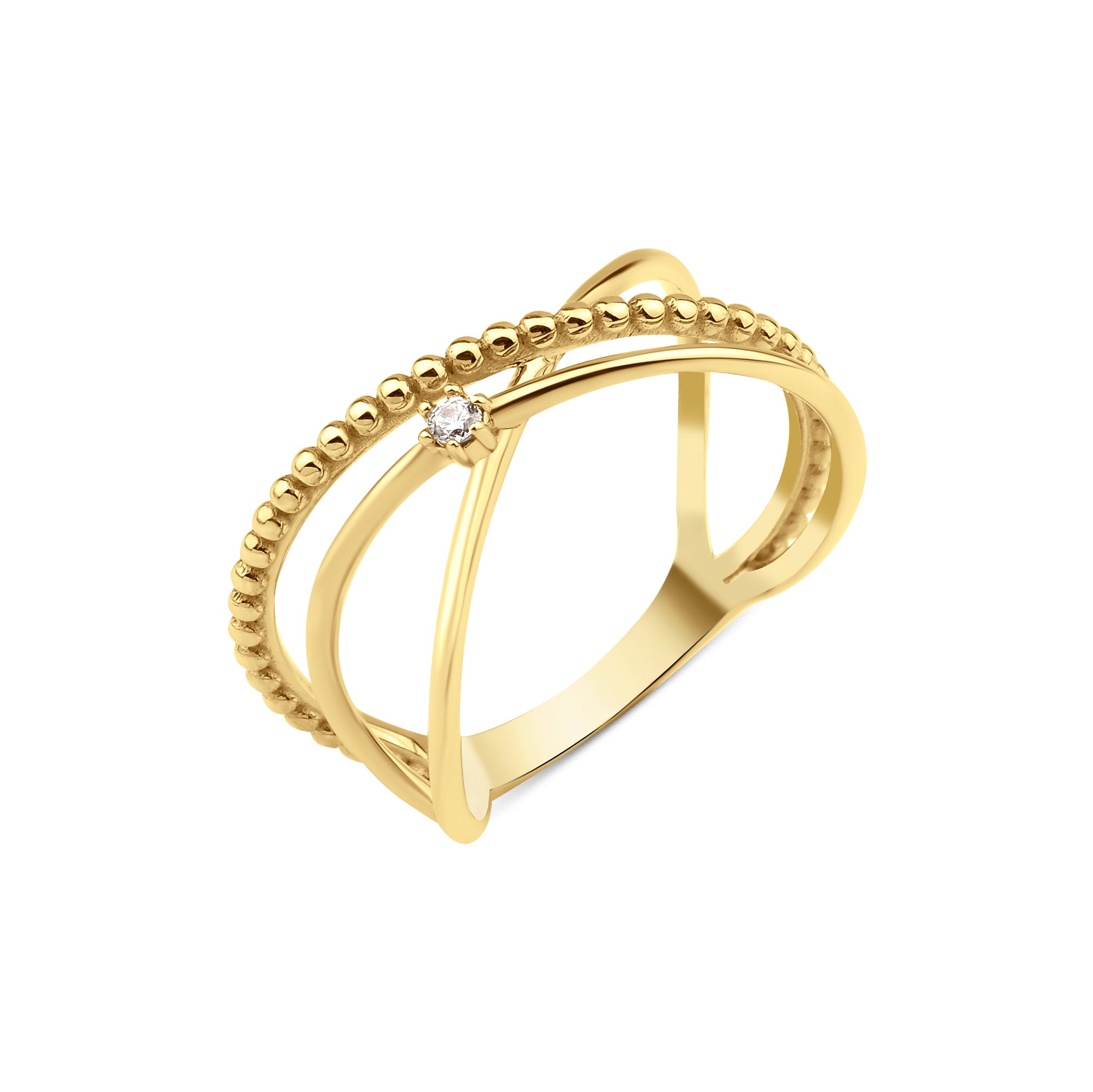 yellow gold beaded crossover ring on white background