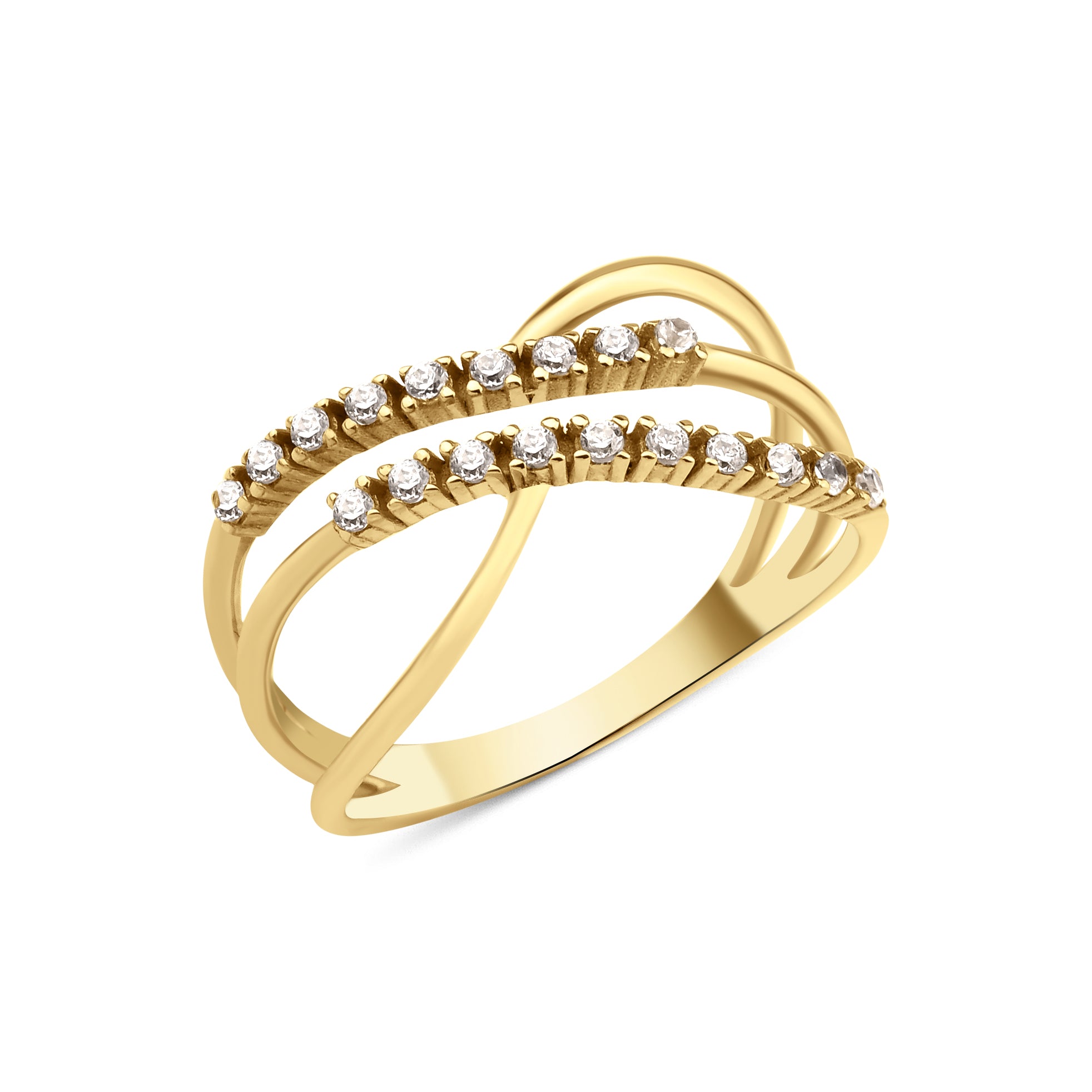 yellow gold pave crossover ring on white background