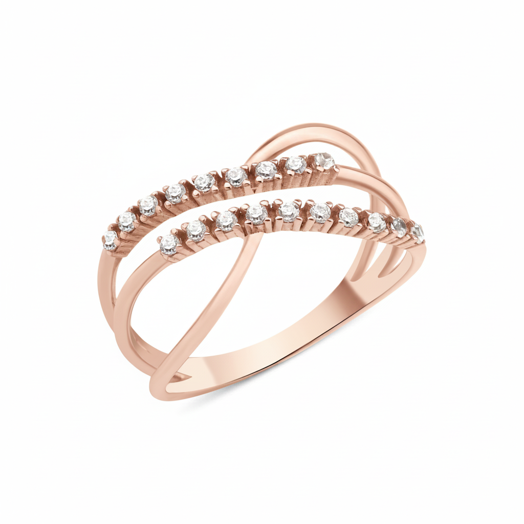rose gold pave crossover ring on white background