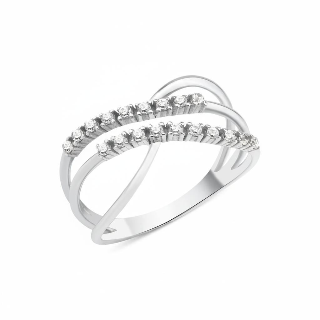 white gold pave crossover ring on white background