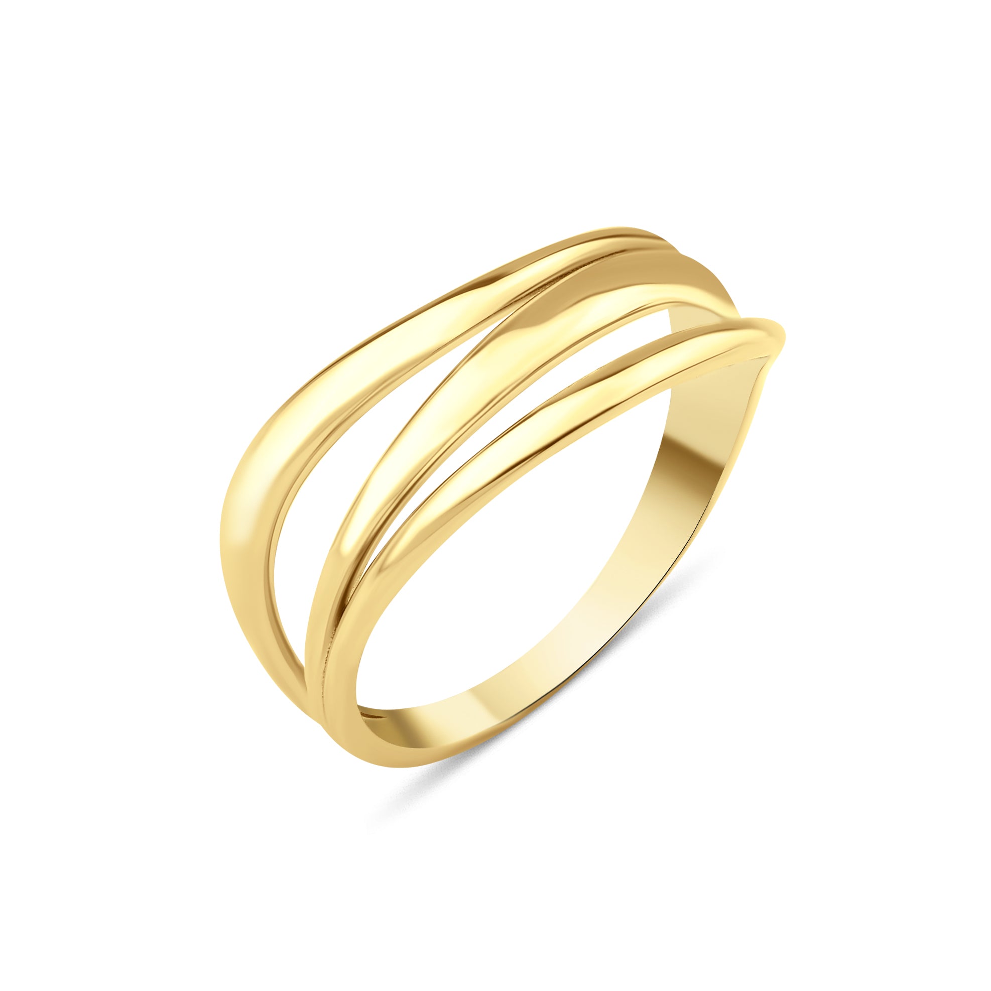 yellow gold fluid bands ring on white background