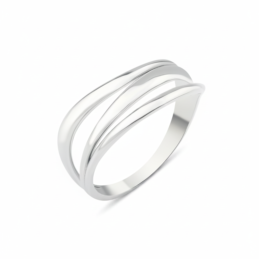 white gold fluid bands ring on white background