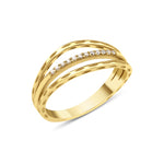 yellow gold etched arch ring on white background