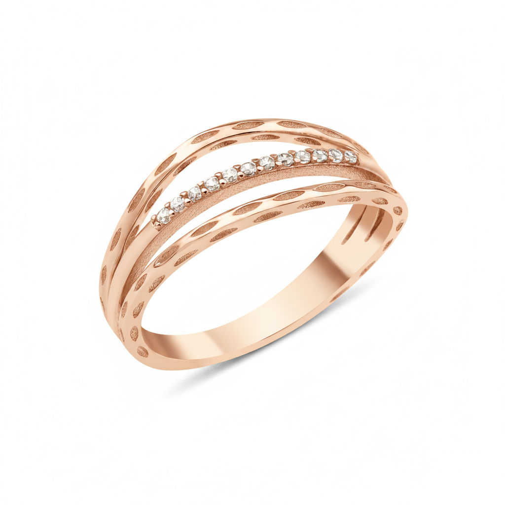 rose gold etched arch ring on white background