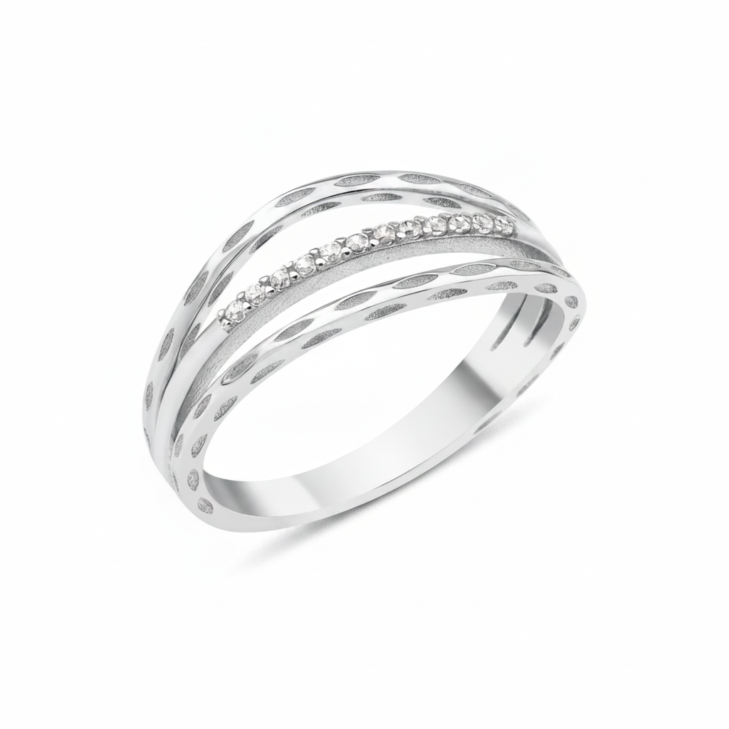 white gold etched arch ring on white background
