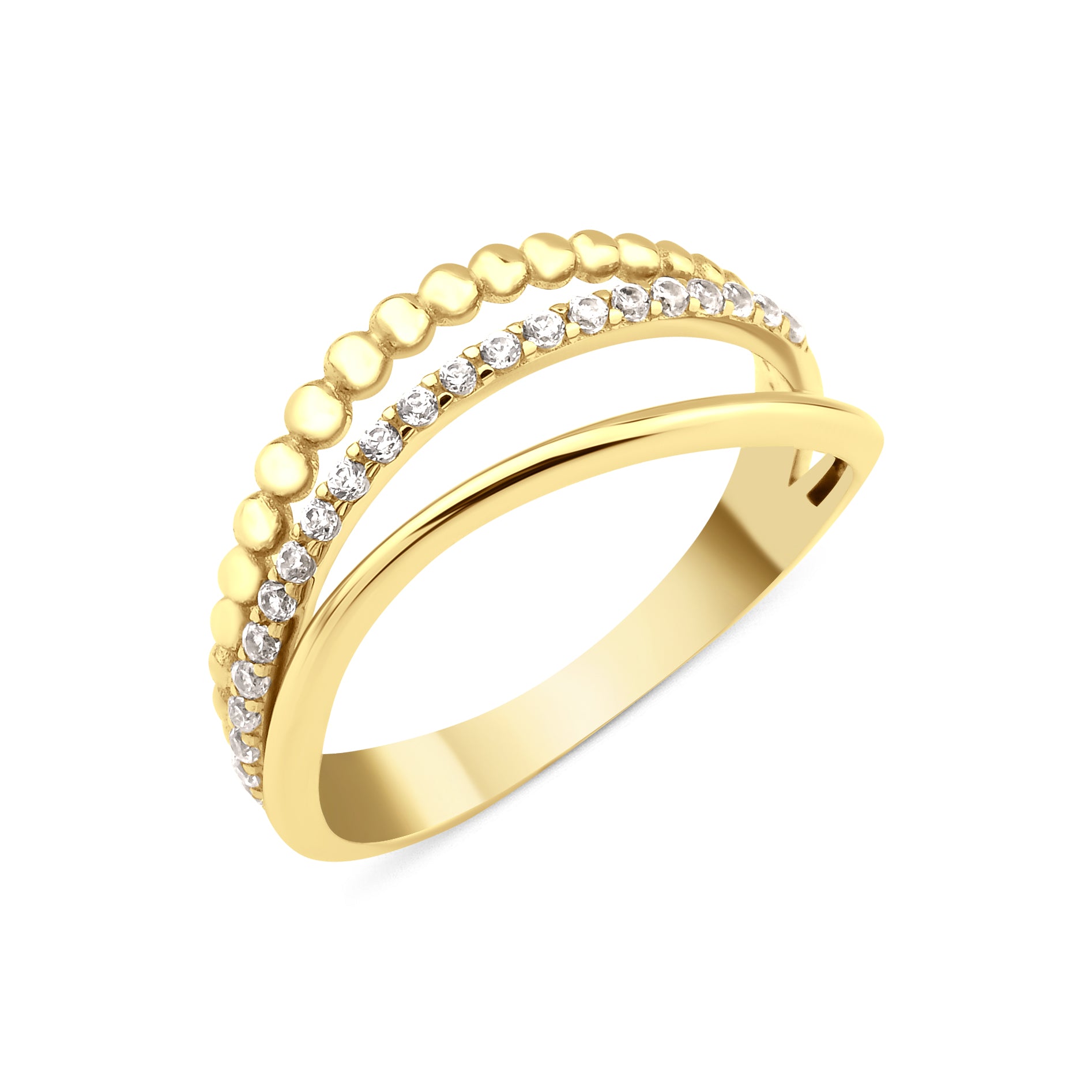 yellow gold beaded pave ring on white background