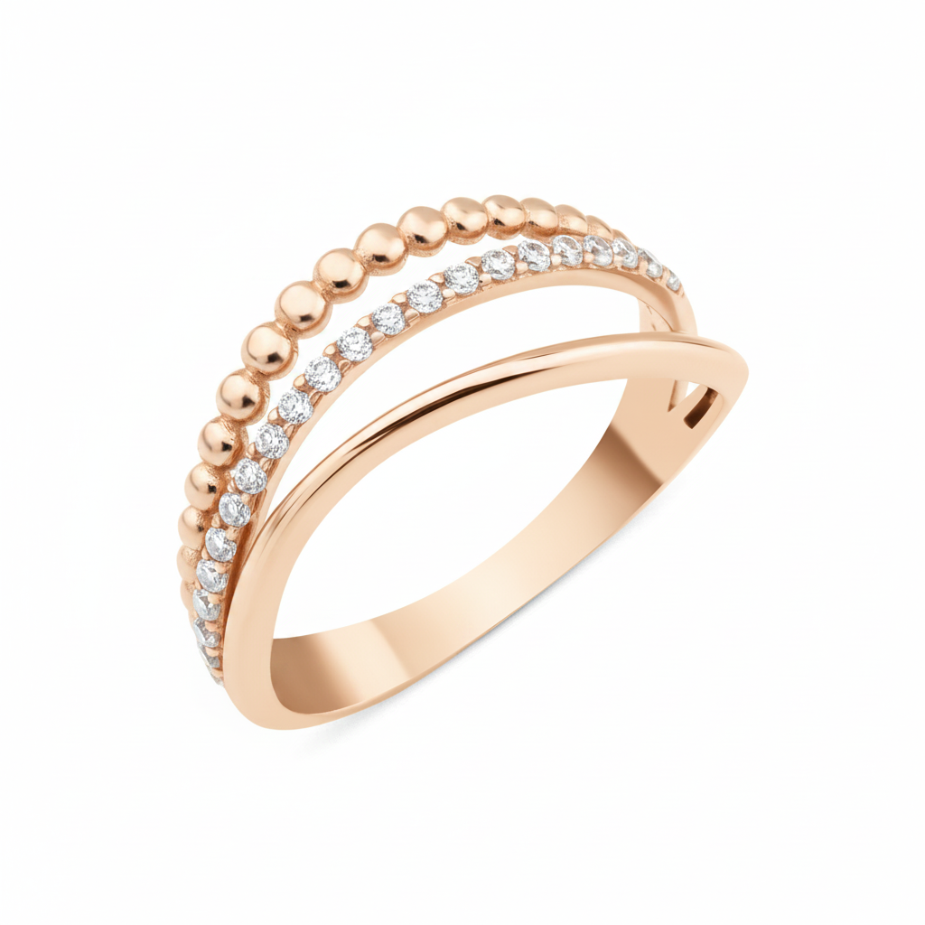 rose gold beaded pave ring on white background