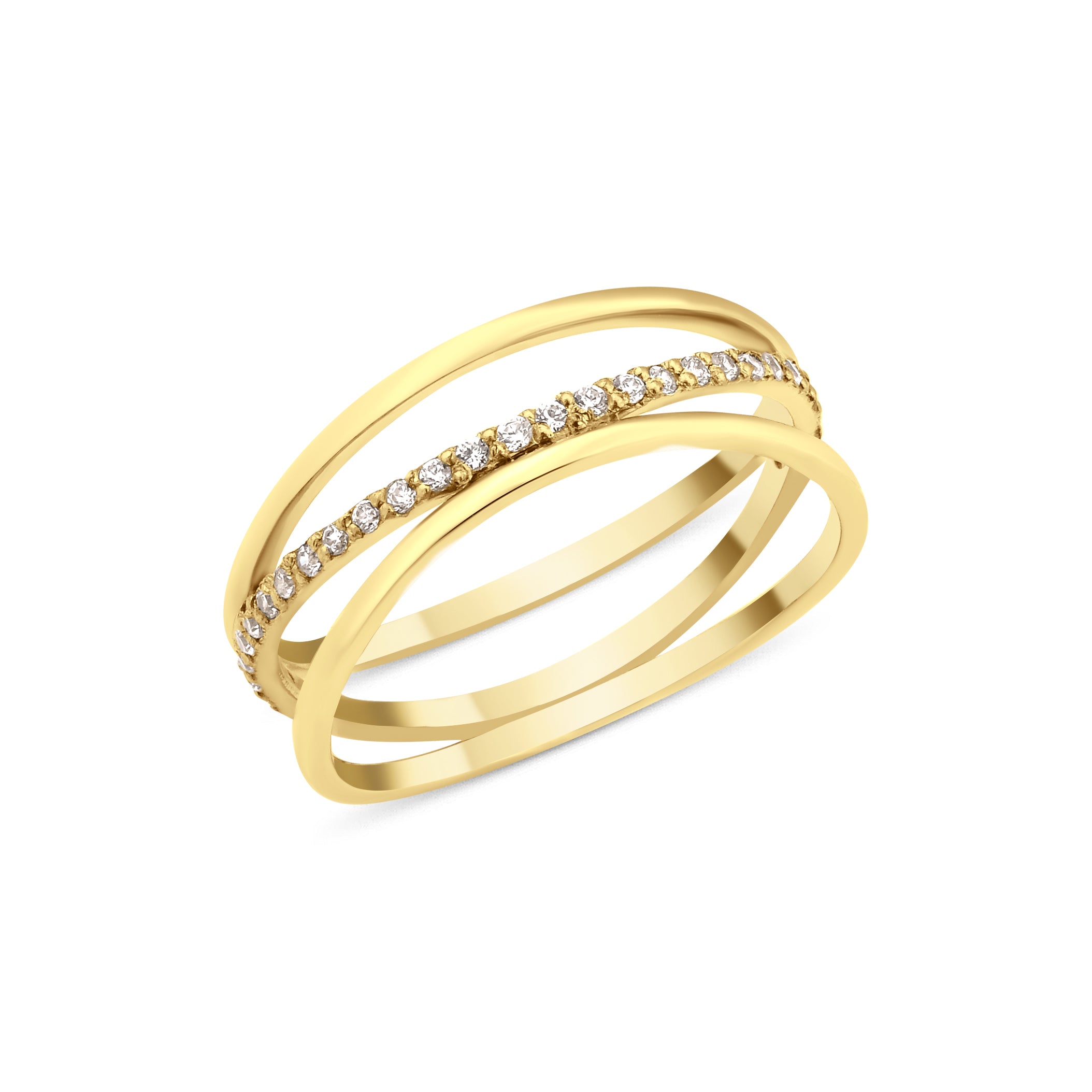 yellow gold sweeping trio ring on white background